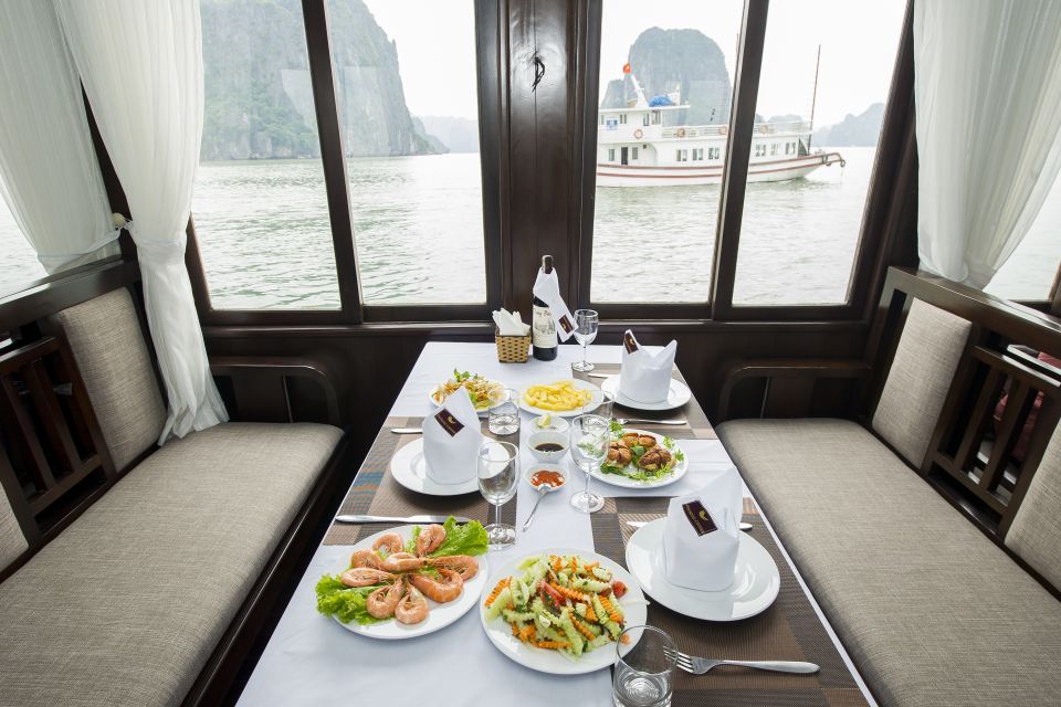 From Hanoi: Halong day trip, Route 2, 6hours, Small group - Food on board: fresh seafood lunch, with a real vegetarian plan