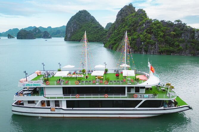 Halong Apollo 5</em> Cruise with Jacuzzi Day Trip And Buffet Lunch – Key highlights worth your attention’ /></p>
<ul>
<li><strong>On-ship Jacuzzi time</strong> tied to a true day trip, not an overnight package</li>
<li><strong>New-version 2024 5-star boat</strong> with a comfortable, guided flow through the bay</li>
<li><strong>Two major cave stops</strong>: Hang Luon plus Sung Sot, with time for Ti Top afterward</li>
<li><strong>Buffet lunch in both Asian and European styles</strong> served onboard</li>
<li><strong>Sunset party at Tuan Chau</strong> with cakes, wine, and fruits, included in the day’s rhythm</li>
</ul>
<h2 id="entering-halong-bay-the-one-day-rhythm-from-hoan-kiem">Entering Halong Bay: the one-day rhythm from Hoàn Kiếm</h2>
<p><img width="669" height="446" decoding="async" src=