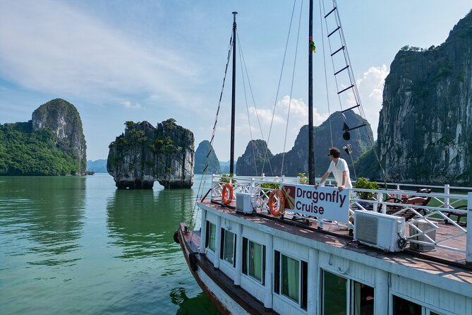 Halong Islands, Cave, Kayak, Bamboo Day Tour w Dragonfly Cruise - Cruising Halong Bay: limestone pillars, tiny islets, and a Fighting Cocks photo stop
