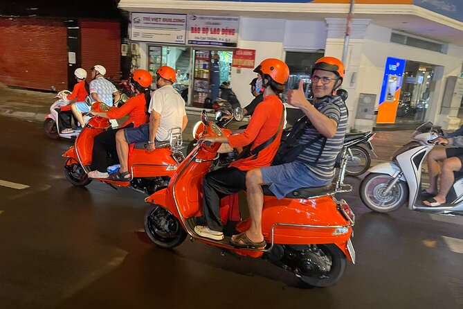 Vespa Female Ao Dai riders Night Street Food + See Train Street - Long Bien Bridge stage: the night city perspective