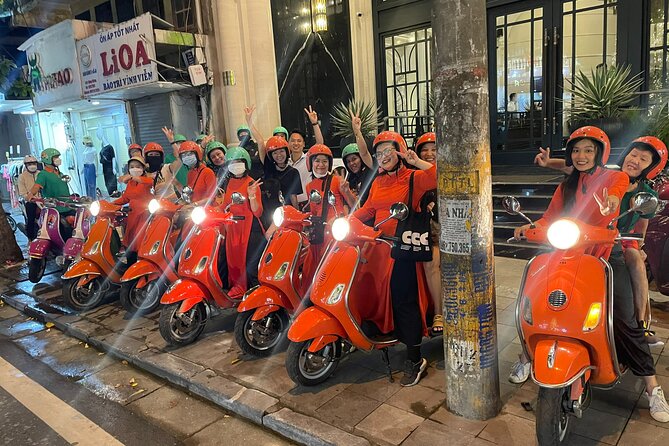 Vespa Female Ao Dai riders Night Street Food + See Train Street - Stop 1 in the Old Quarter: your night gets mapped fast